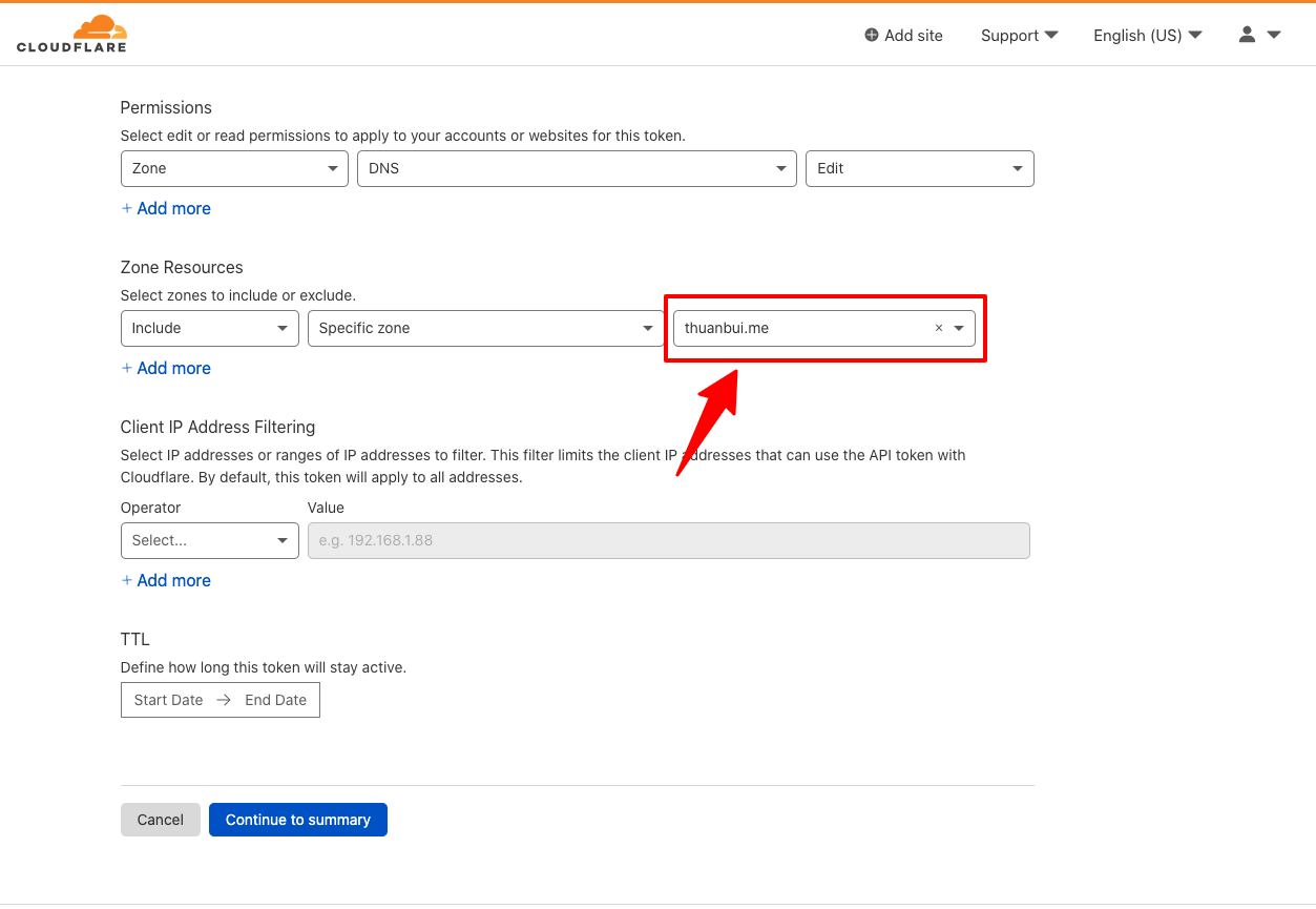 Scroll down to Zone Resources, select the domain name you want to use to update the IP then click Continue to Summary