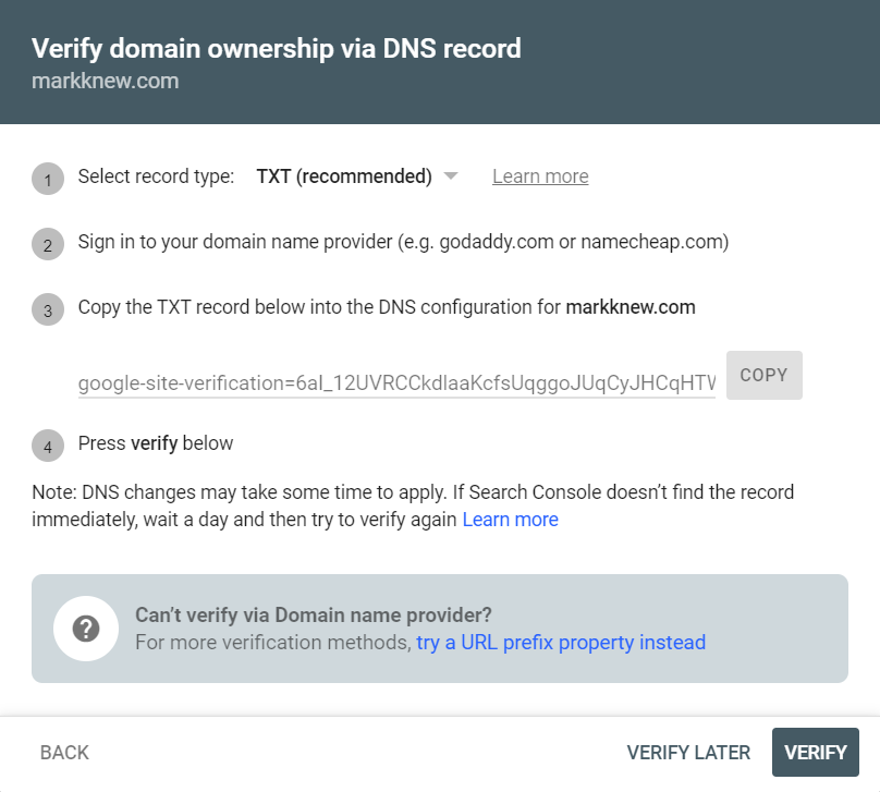 Google Search Console Verify Domain