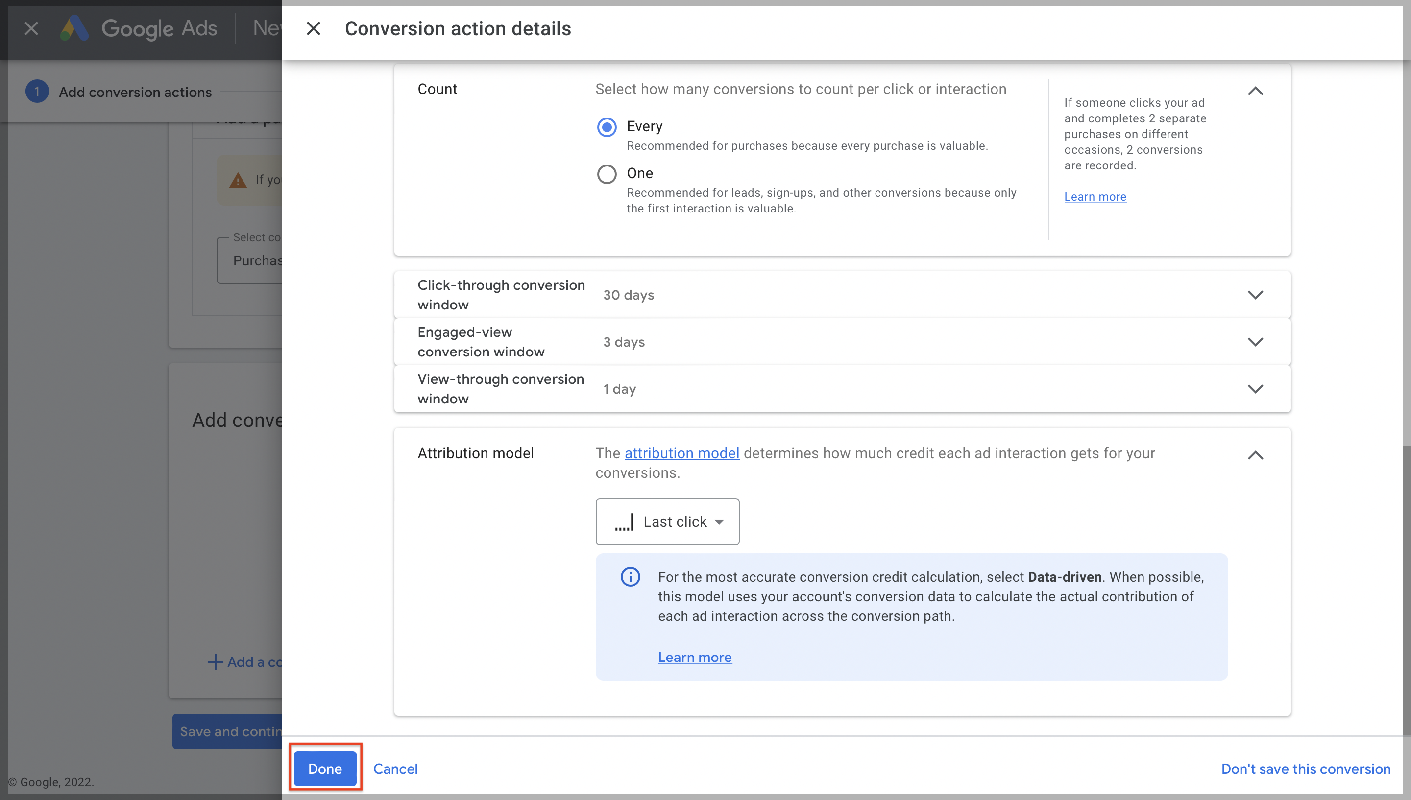 Google Ads Conversion action details