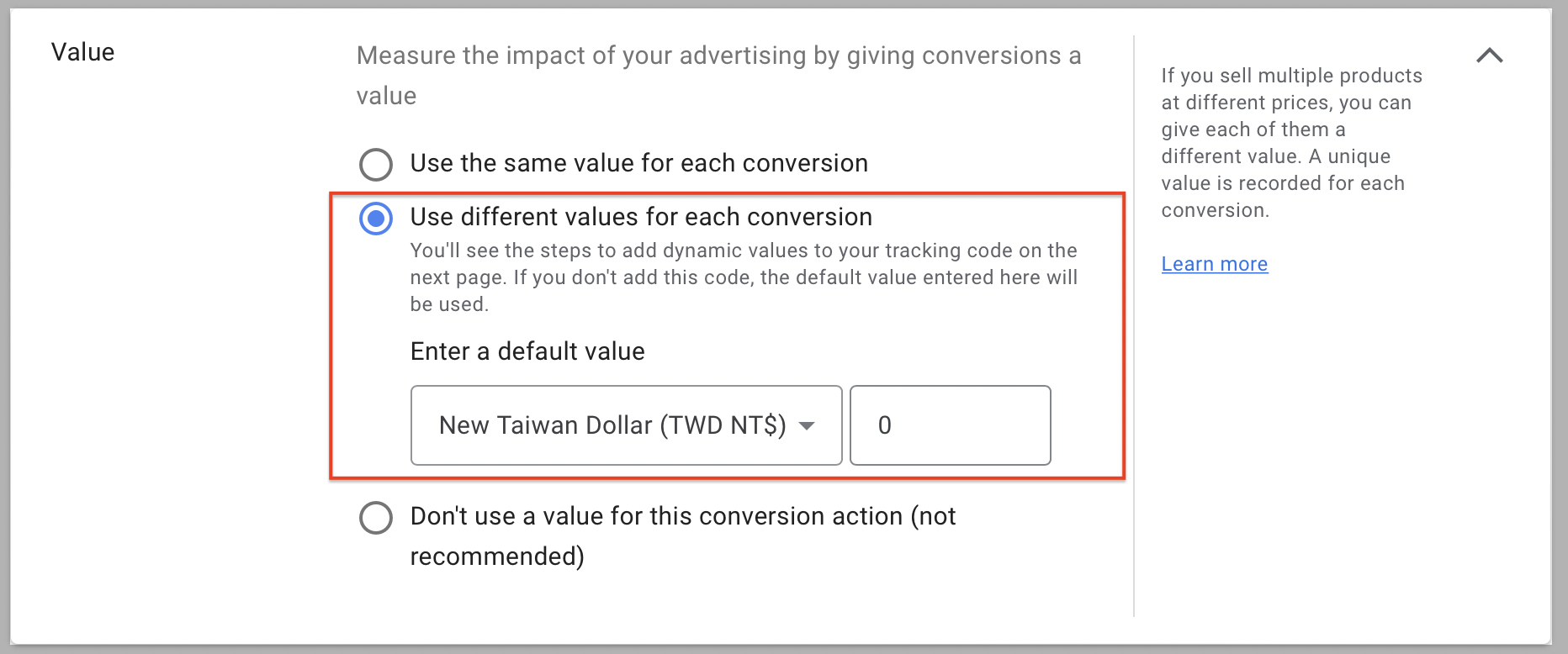 Google Ads Goal Value