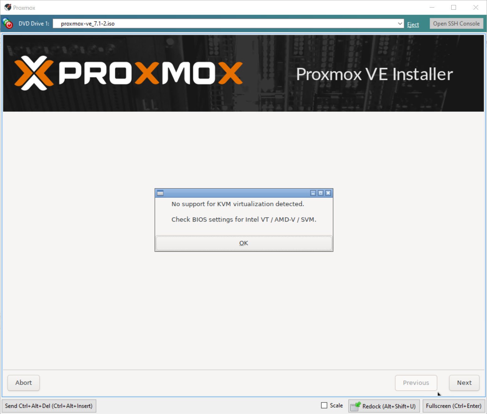 Proxmox reports an error that KVM is not supported because the virtual machine has not enabled Nested Virtualization on XCP-ng