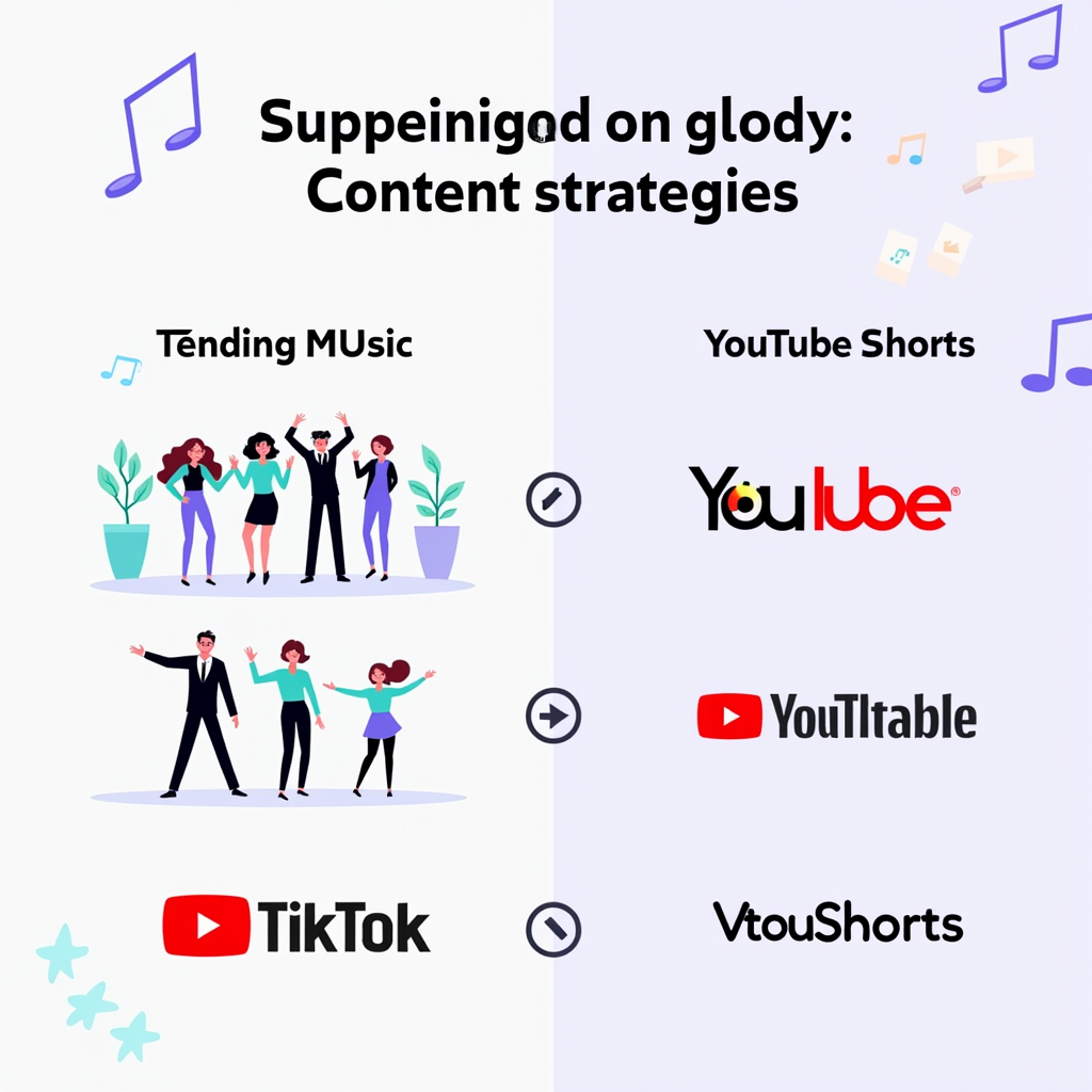 A Graphic Depicting Content Strategies for Tiktok and YouTube Shorts, With Trending Music Notes and Dance Icons Symbizing Tiktok, and Branding Elements and YouTube Logos Representing Shorts.
