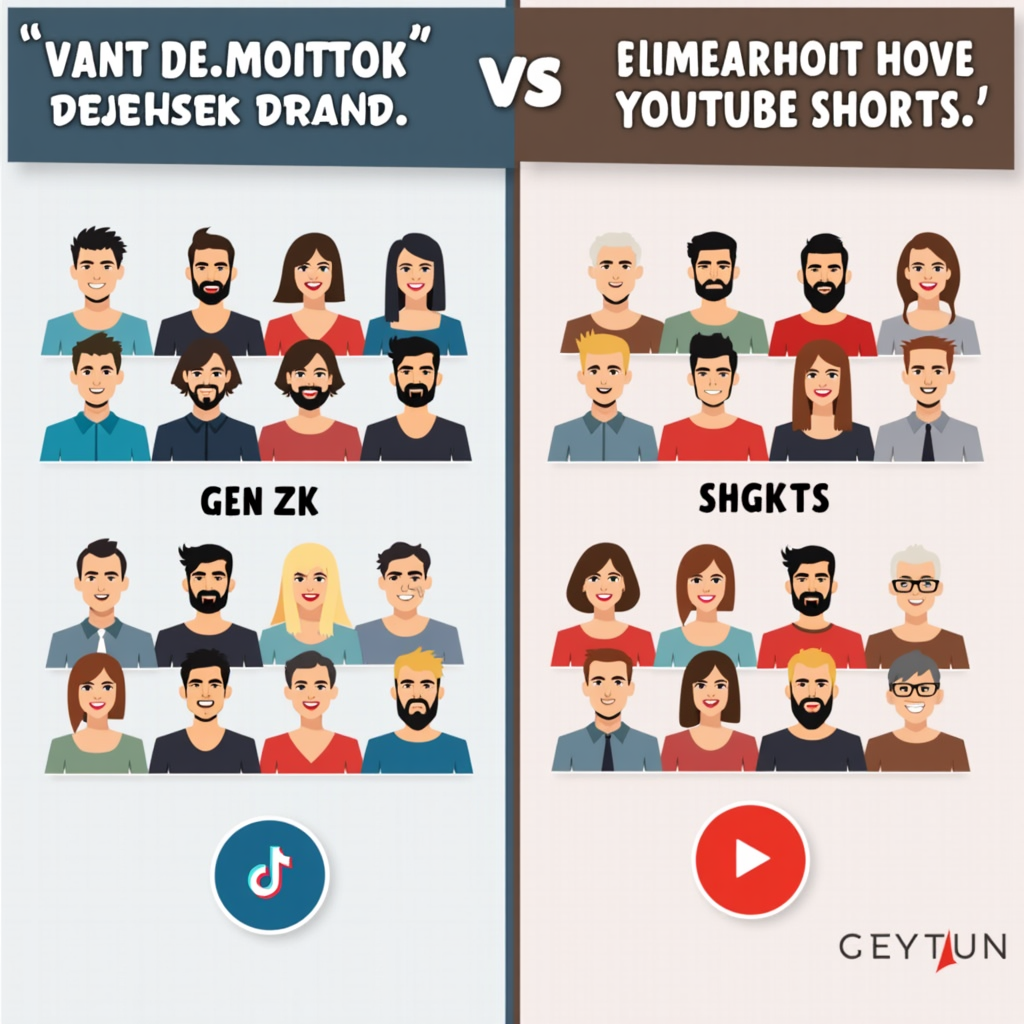 A Split-Screen Illustration Showcasing The Demograpenchic Differences Between Tiktok and YouTube Shorts Users, with Gen Z Avatars on the Tiktok Side and A Mix of Age Groups on the YouTube Shorts Side.